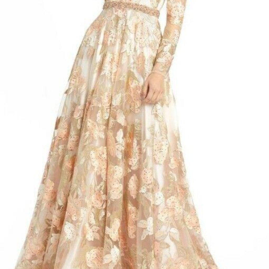 Women's Mac Duggal Floral Long Sleeve A-Line Gown, Size 4